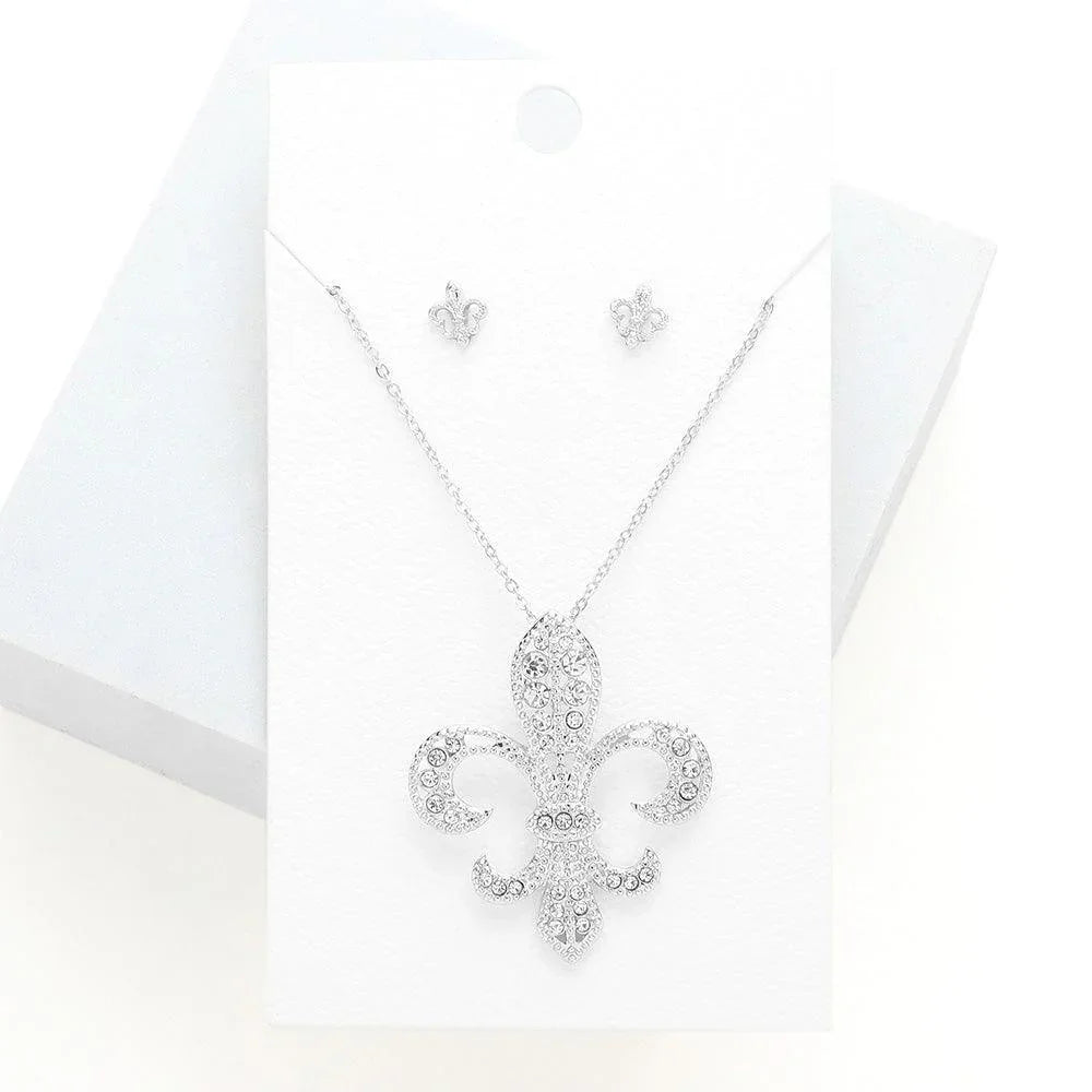 Rhinestone Embellished Fleur de Lis Pendant Necklace - Jewelry Store by Erik Rayo