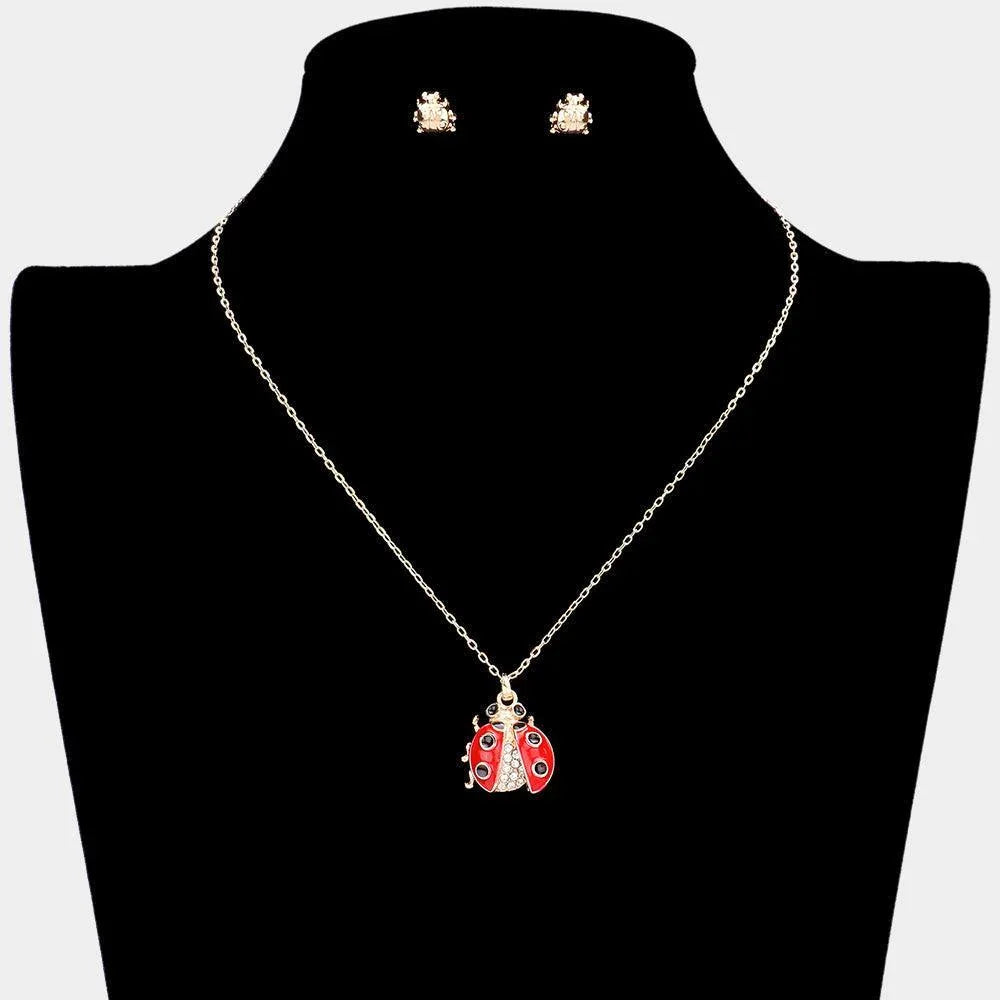 Gold Rhinestone Embellished Enamel Ladybug Pendant Necklace - Jewelry Store by Erik Rayo