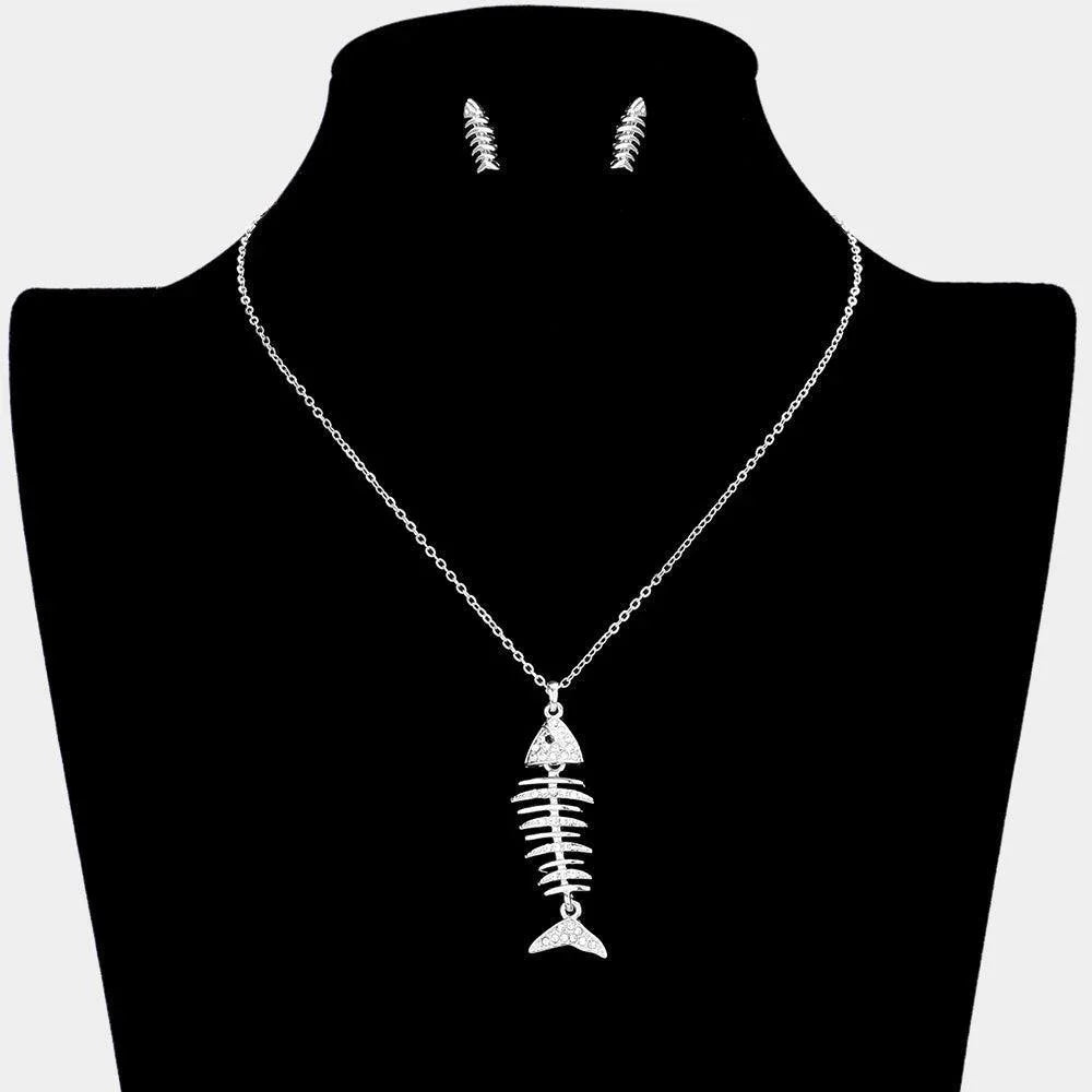 Rhinestone Embellished Fishbone Pendant Necklace - Jewelry Store by Erik Rayo
