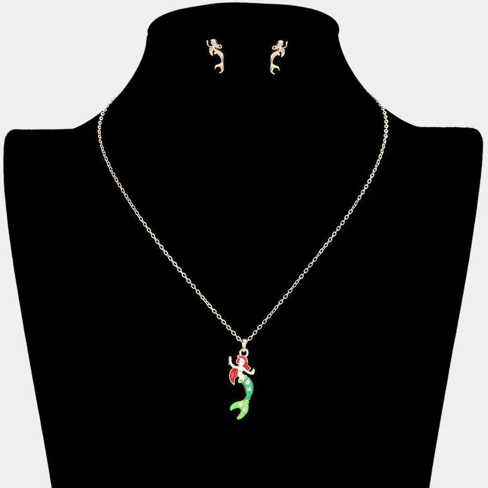 Gold Rhinestone Embellished Enamel Mermaid Pendant Necklace - Jewelry Store by Erik Rayo