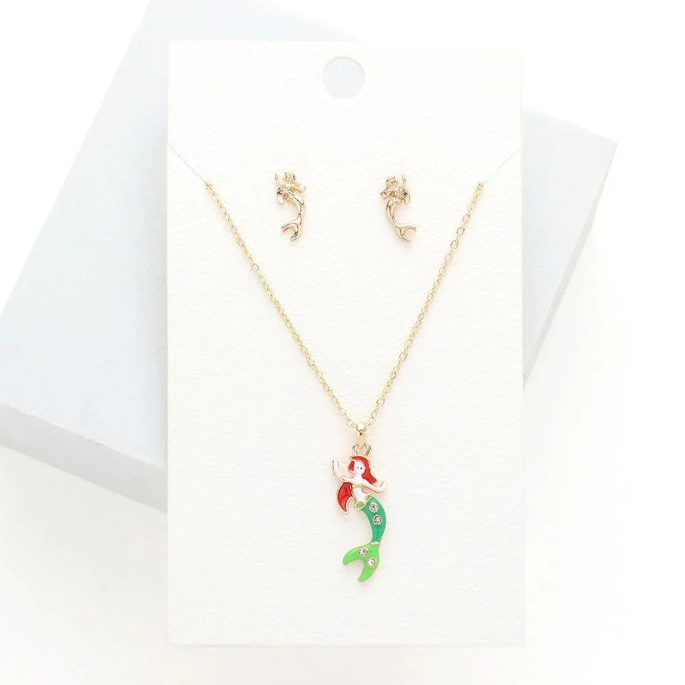 Gold Rhinestone Embellished Enamel Mermaid Pendant Necklace - Jewelry Store by Erik Rayo