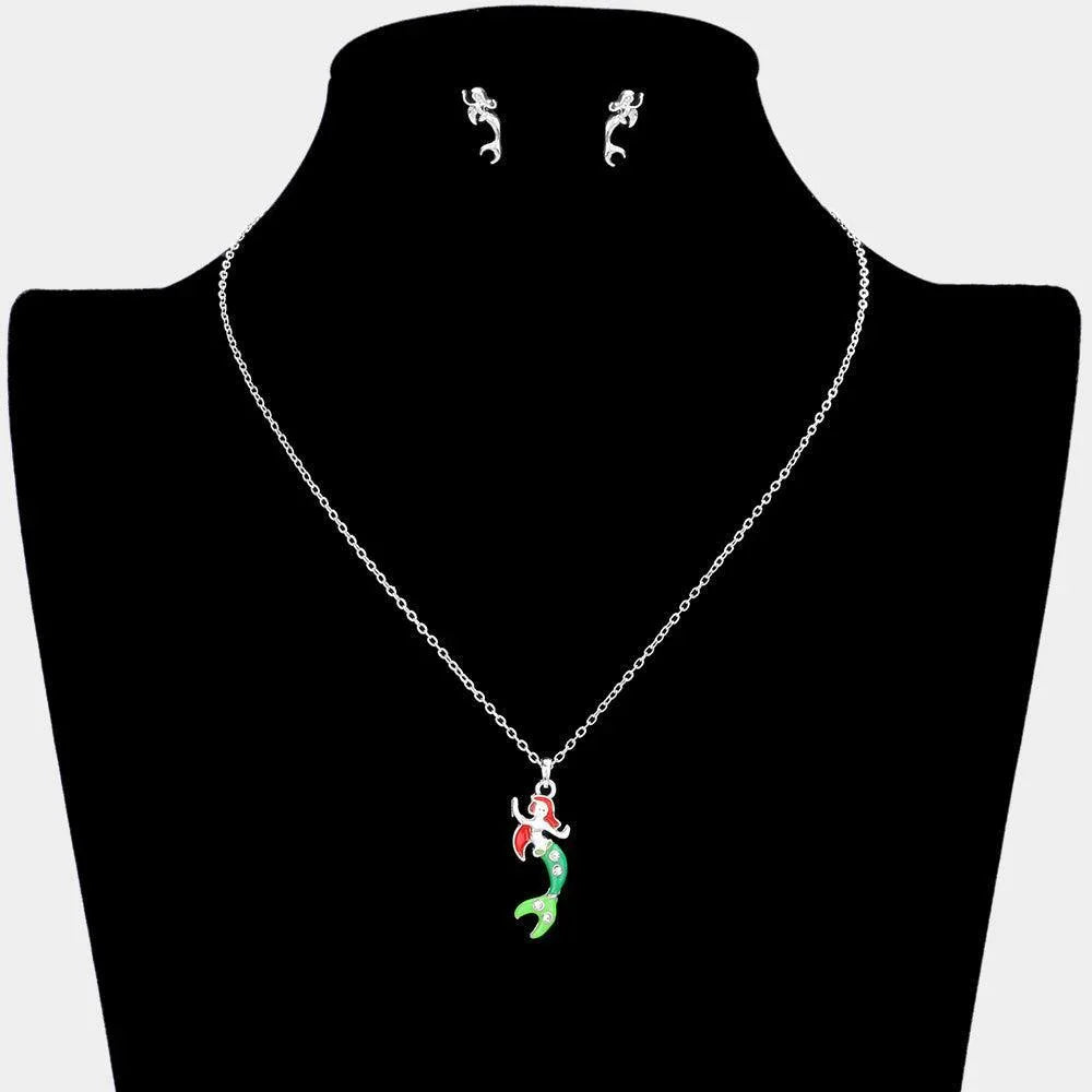 Rhinestone Embellished Enamel Mermaid Pendant Necklace - Jewelry Store by Erik Rayo