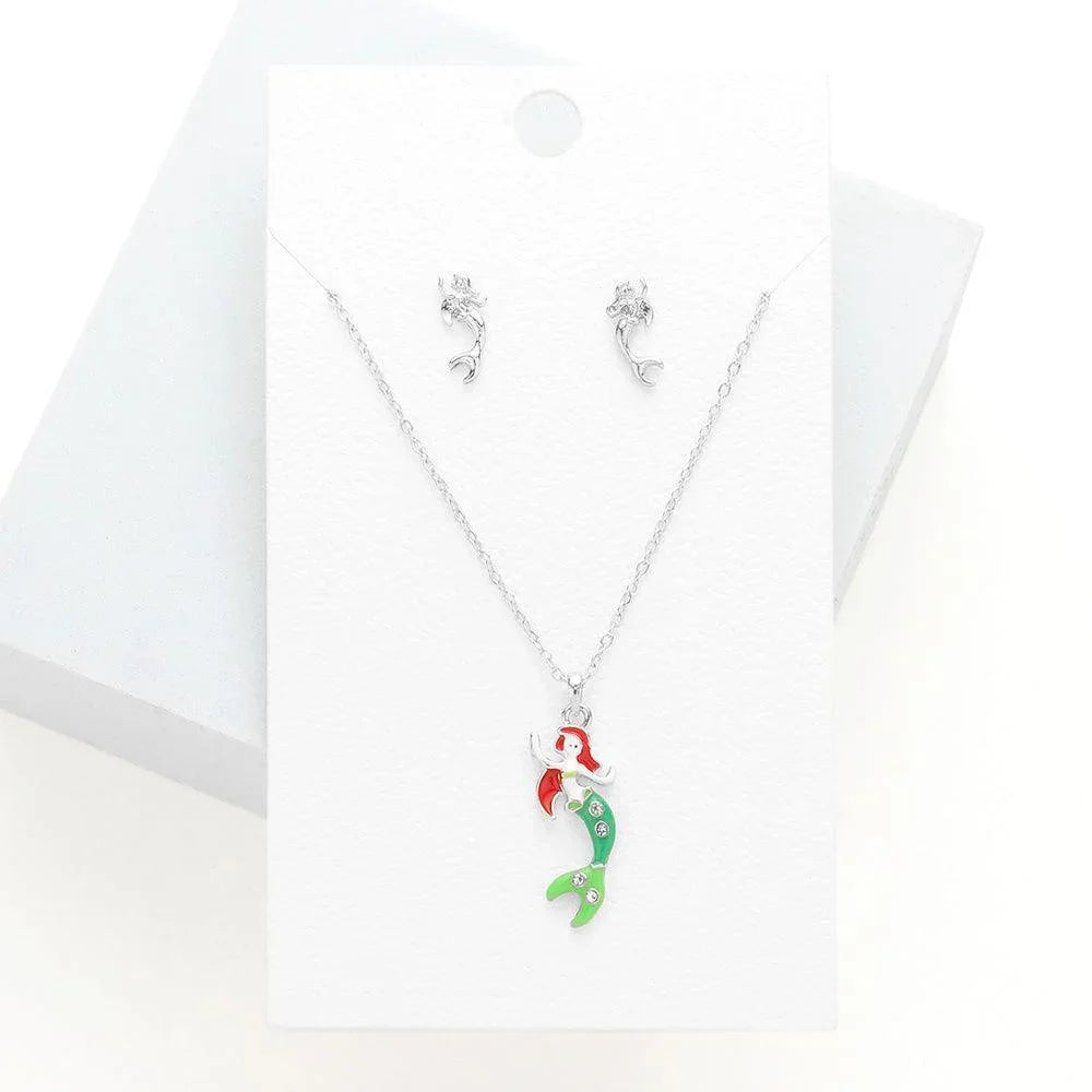 Rhinestone Embellished Enamel Mermaid Pendant Necklace - Jewelry Store by Erik Rayo