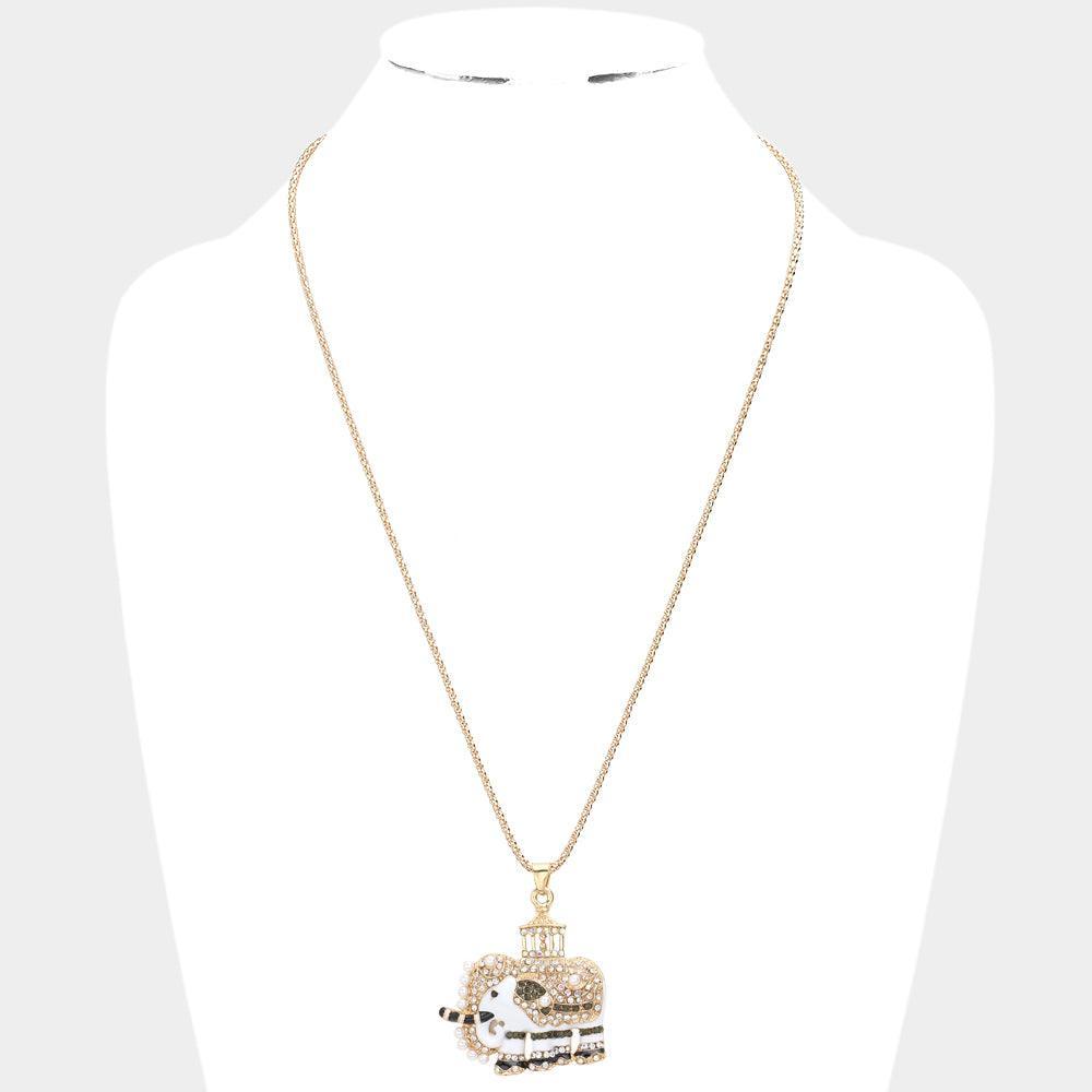 White Pave Glass Crystal Pearl Accented ELEPHANT Pendant Necklace