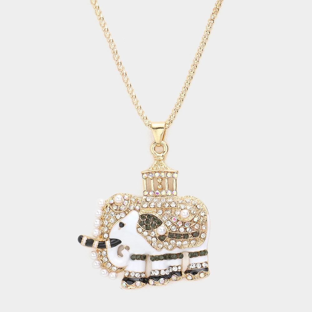 White Pave Glass Crystal Pearl Accented ELEPHANT Pendant Necklace