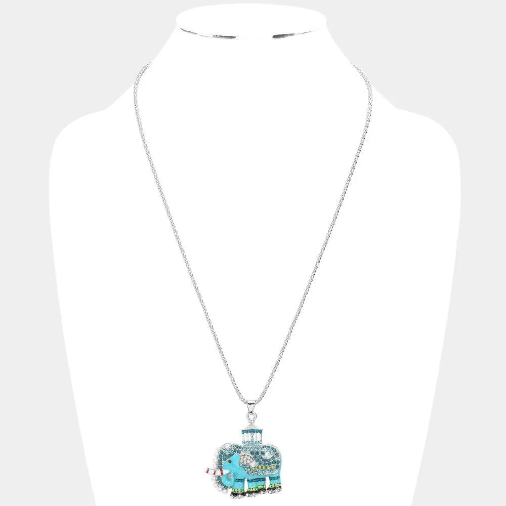 Blue Pave Glass Crystal Pearl Accented ELEPHANT Pendant Necklace - Jewelry Store by Erik Rayo