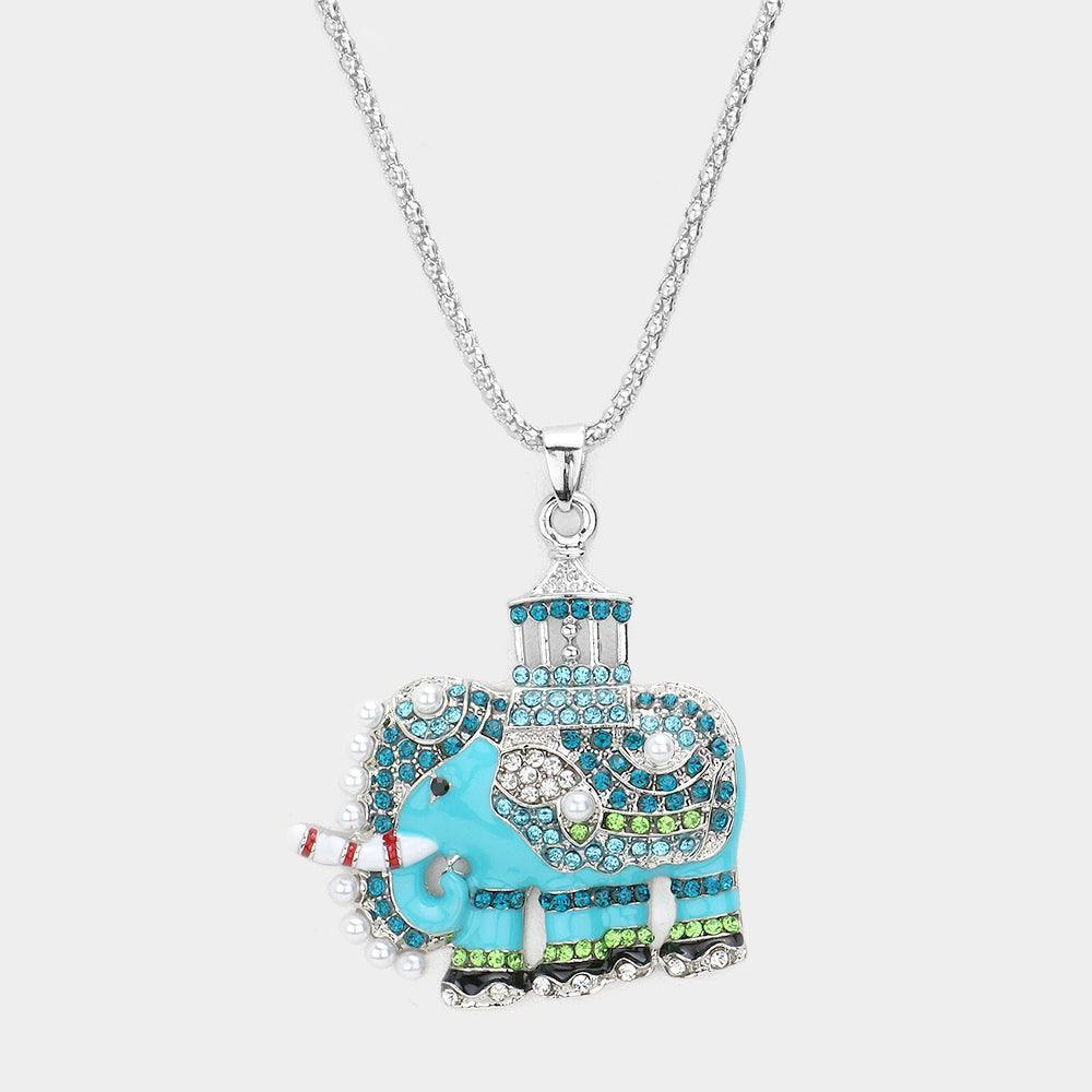 Blue Pave Glass Crystal Pearl Accented ELEPHANT Pendant Necklace - Jewelry Store by Erik Rayo