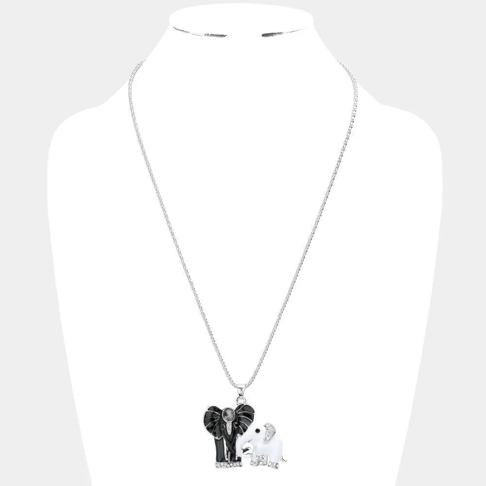 White Oval Stone Accented Enamel Elephant Pendant Necklace - Jewelry Store by Erik Rayo