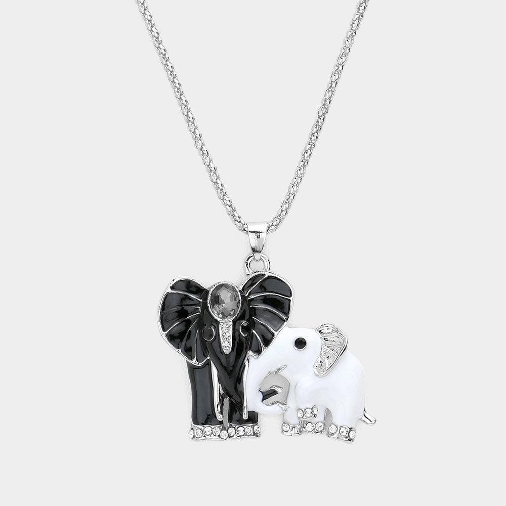 White Oval Stone Accented Enamel Elephant Pendant Necklace - Jewelry Store by Erik Rayo