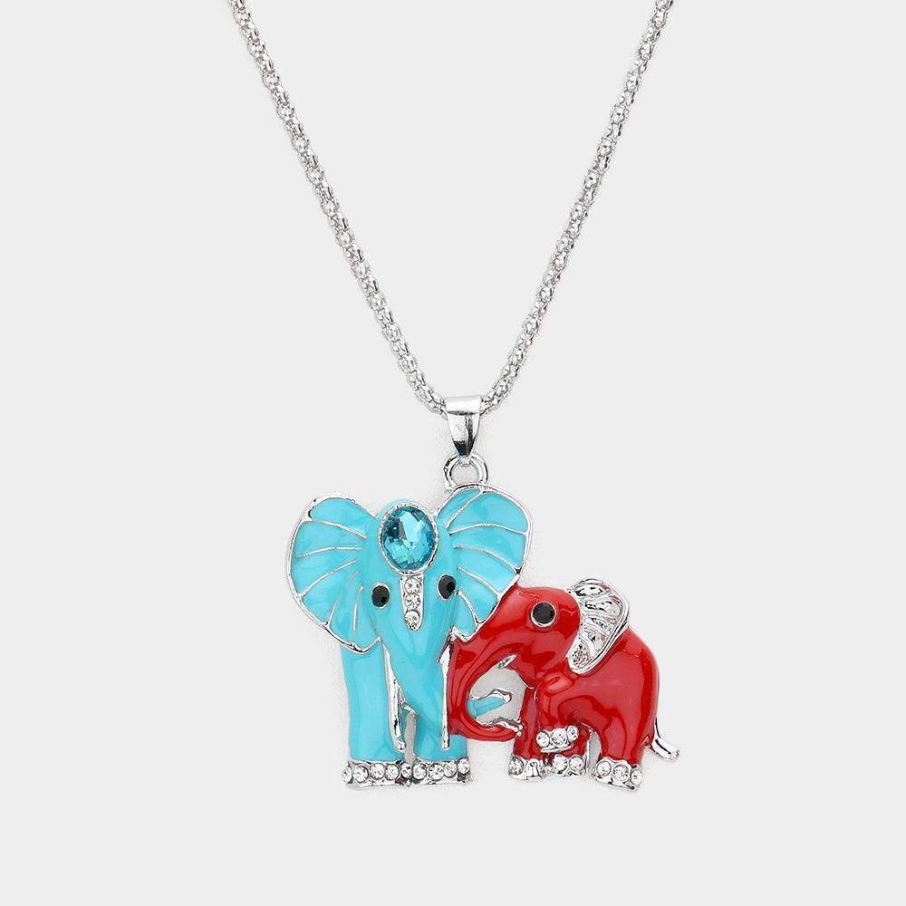 Red Oval Stone Accented Enamel Elephant Pendant Necklace - Jewelry Store by Erik Rayo