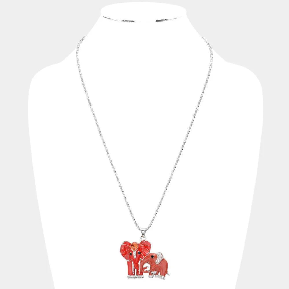 Orange Oval Stone Accented Enamel Elephant Pendant Necklace - Jewelry Store by Erik Rayo