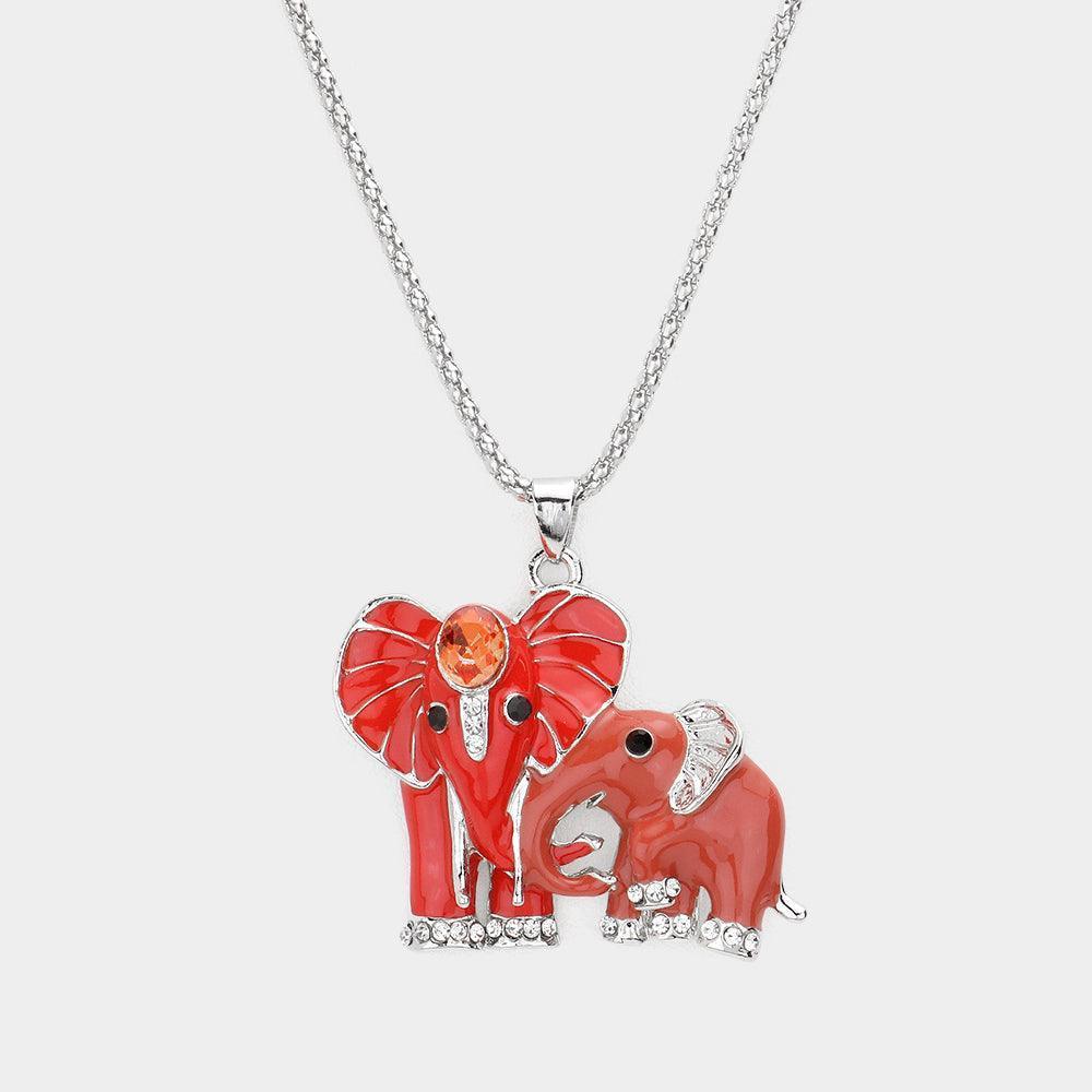 Orange Oval Stone Accented Enamel Elephant Pendant Necklace - Jewelry Store by Erik Rayo