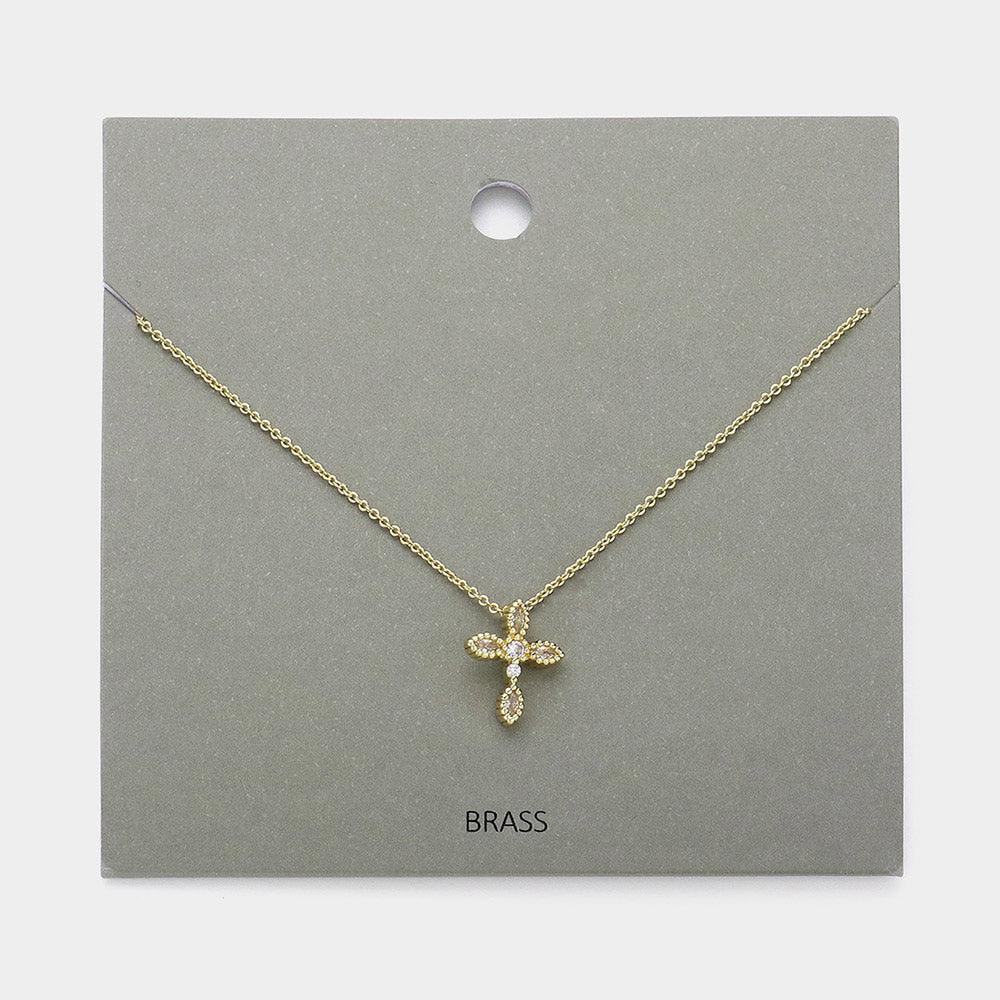 Gold Stone Paved Brass Metal Cross Pendant Necklace