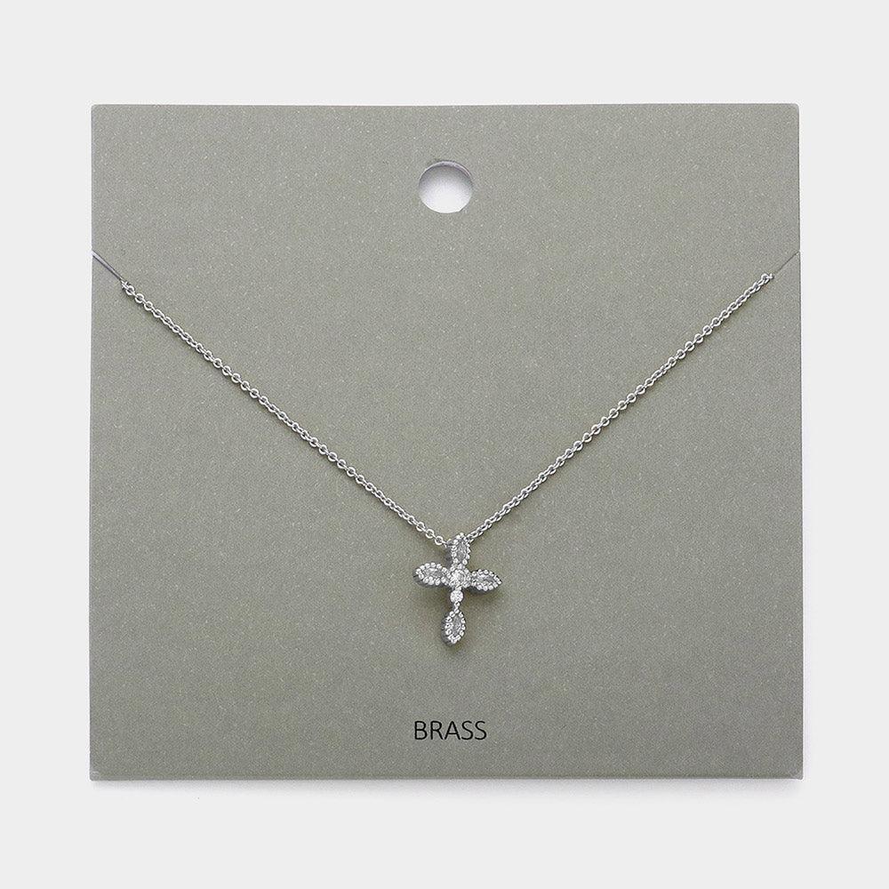 Stone Paved Brass Metal Cross Pendant Necklace