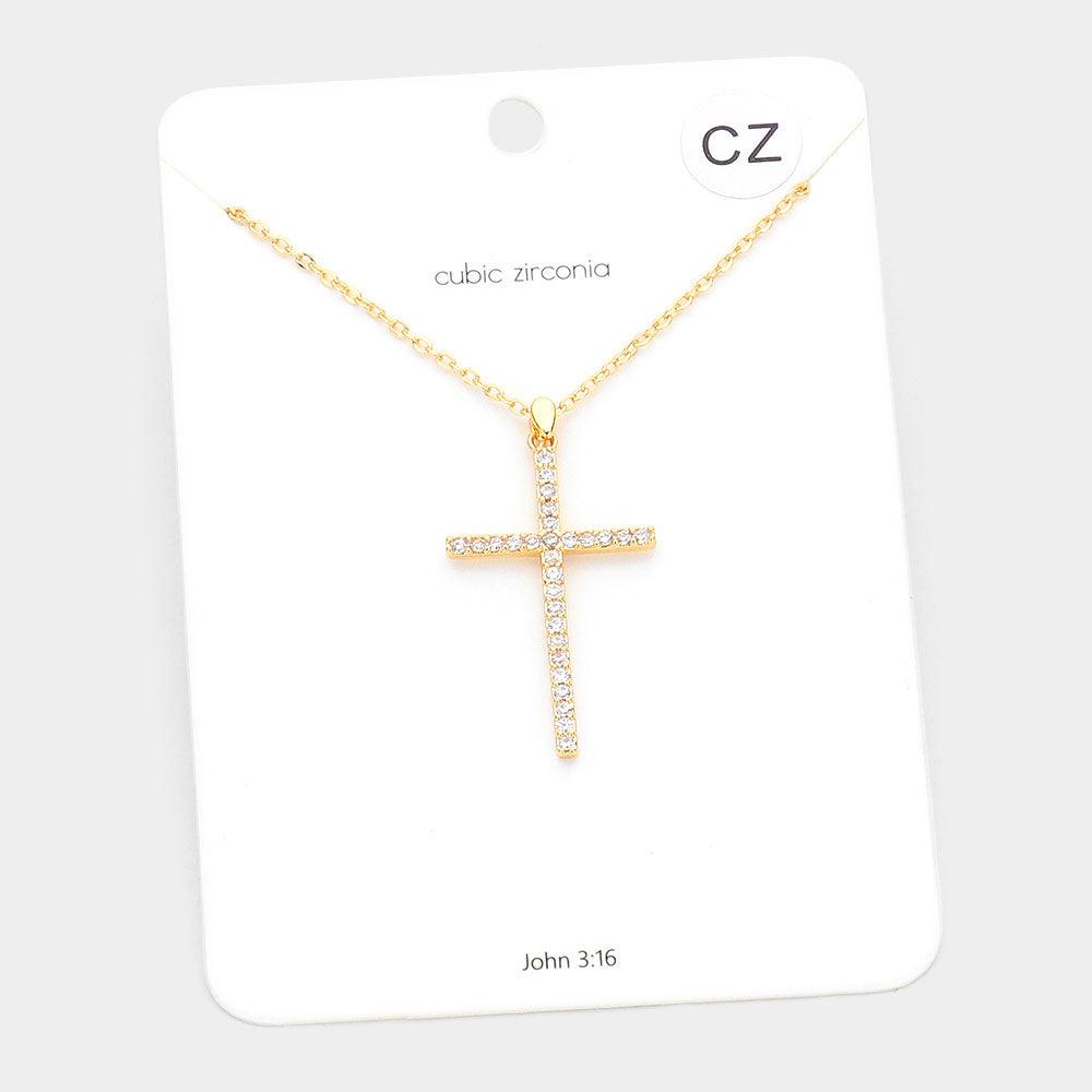 Gold CZ Embellished Cross Pendant Necklace