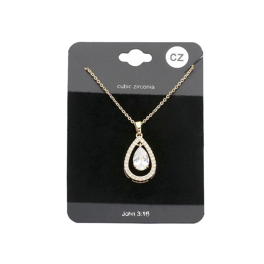 Clear CZ Teardrop Stone Accented Pendant Necklace - Jewelry Store by Erik Rayo
