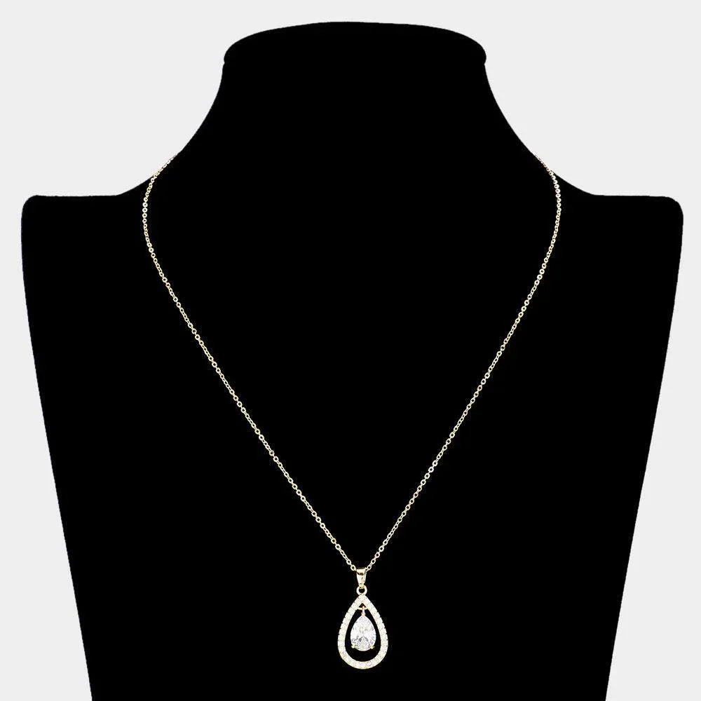 Clear CZ Teardrop Stone Accented Pendant Necklace - Jewelry Store by Erik Rayo