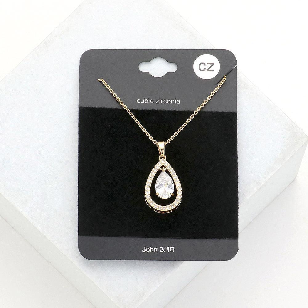 Clear CZ Teardrop Stone Accented Pendant Necklace - Jewelry Store by Erik Rayo