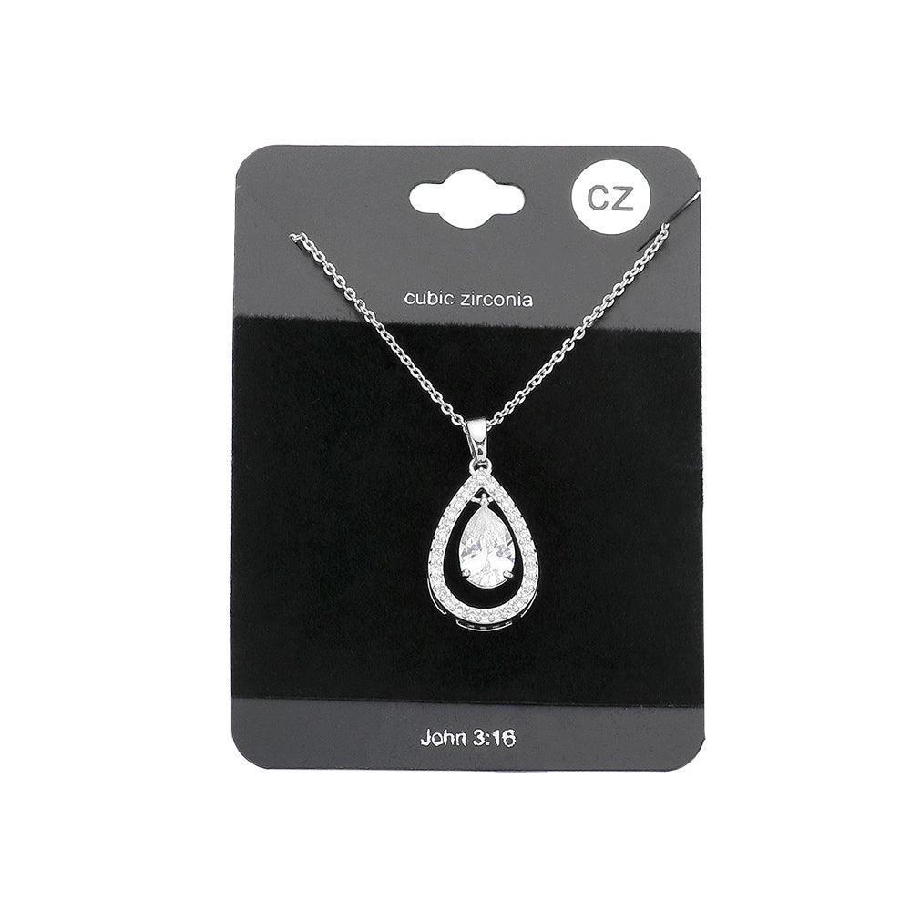 Clear CZ Teardrop Stone Accented Pendant Necklace - Jewelry Store by Erik Rayo