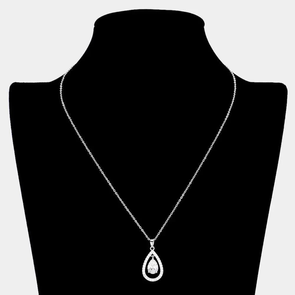 Clear CZ Teardrop Stone Accented Pendant Necklace - Jewelry Store by Erik Rayo