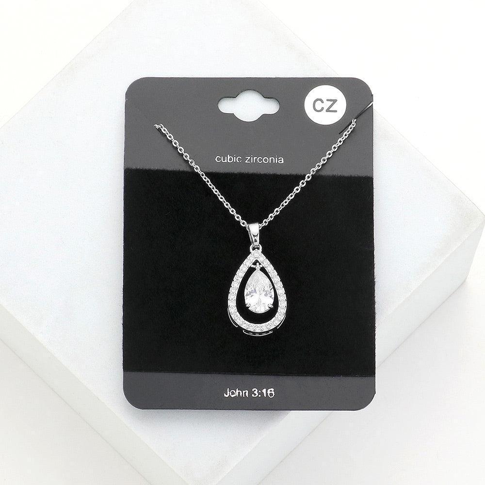 Clear CZ Teardrop Stone Accented Pendant Necklace - Jewelry Store by Erik Rayo
