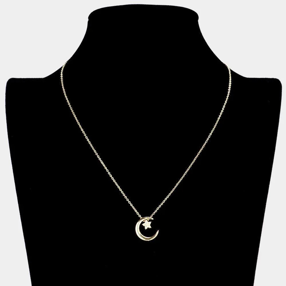 Gold CZ Embellished Star Crescent Moon Pendant Necklace - Jewelry Store by Erik Rayo