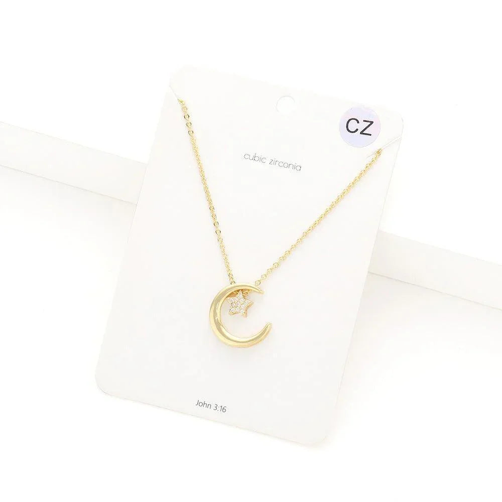 Gold CZ Embellished Star Crescent Moon Pendant Necklace - Jewelry Store by Erik Rayo