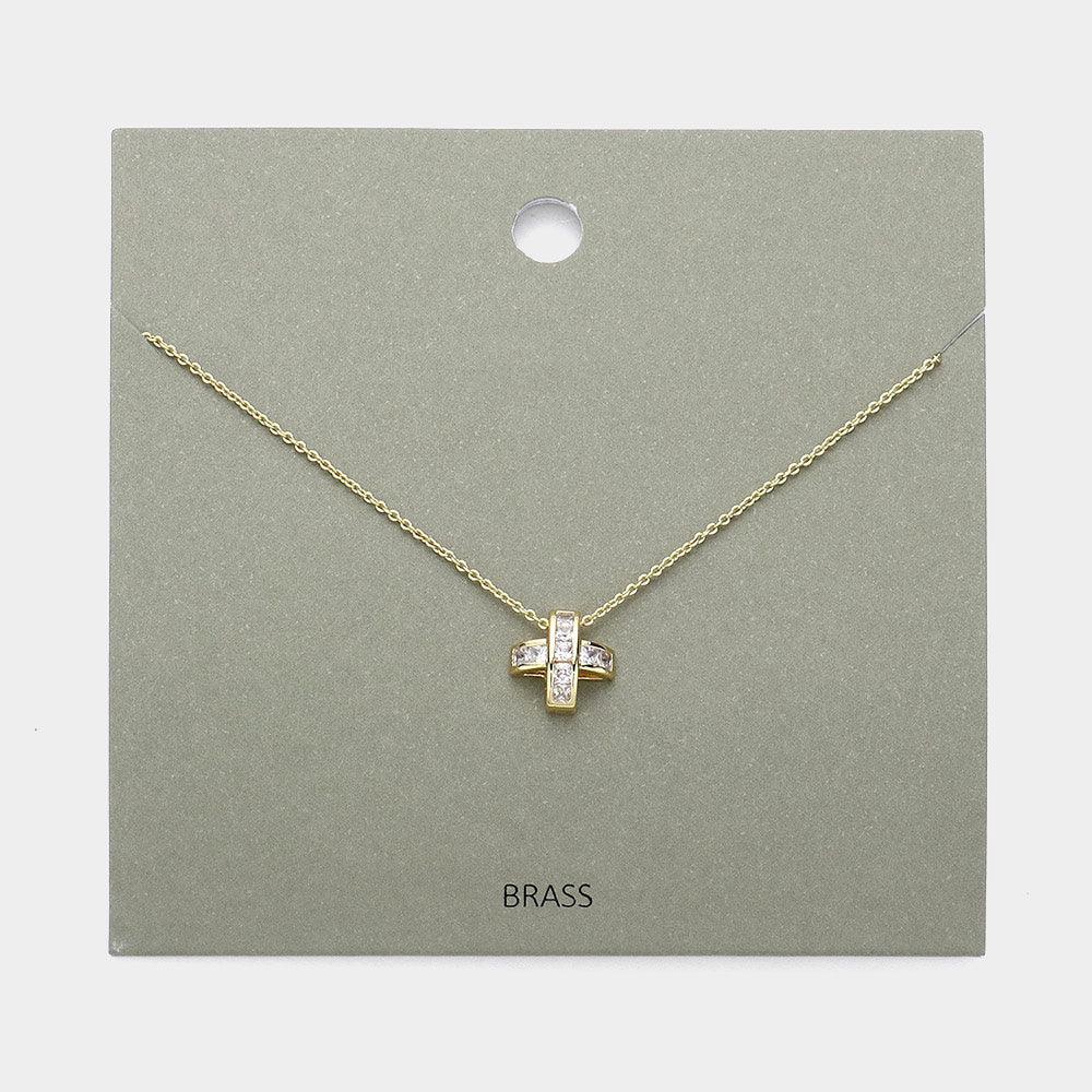 Gold Stone Embellished Brass Metal Cross Pendant Necklace