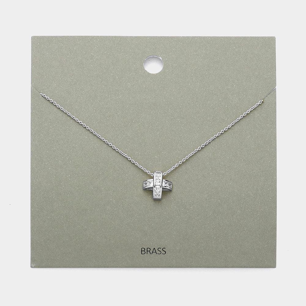 Stone Embellished Brass Metal Cross Pendant Necklace