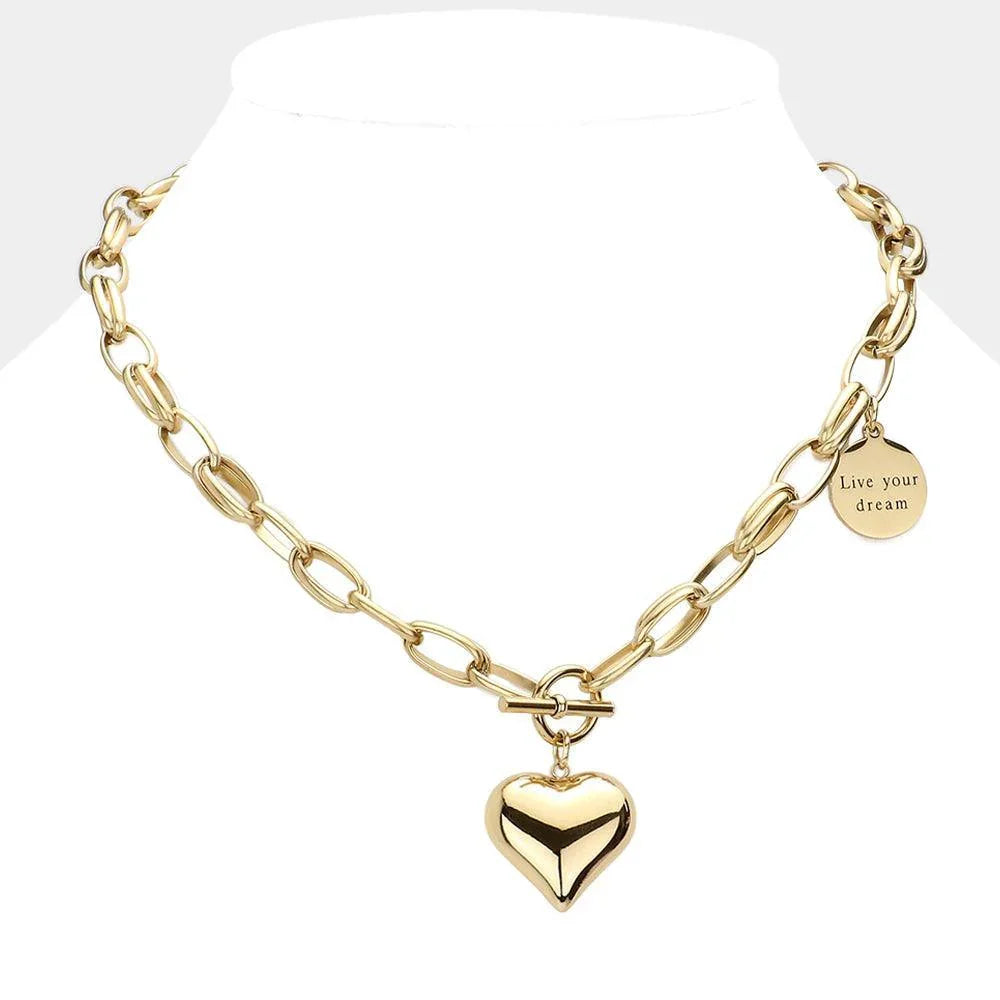 Gold Metal Heart Pendant Live Your Dream Message Charm Chain Toggle Necklace - Jewelry Store by Erik Rayo