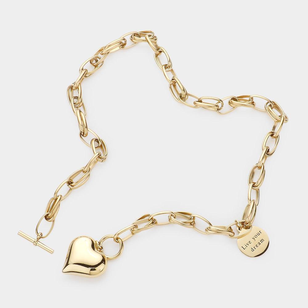 Gold Metal Heart Pendant Live Your Dream Message Charm Chain Toggle Necklace - Jewelry Store by Erik Rayo