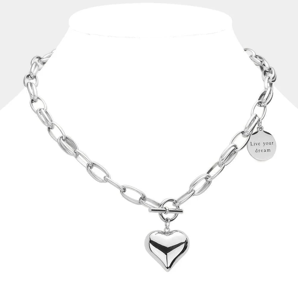 Metal Heart Pendant Live Your Dream Message Charm Chain Toggle Necklace - Jewelry Store by Erik Rayo