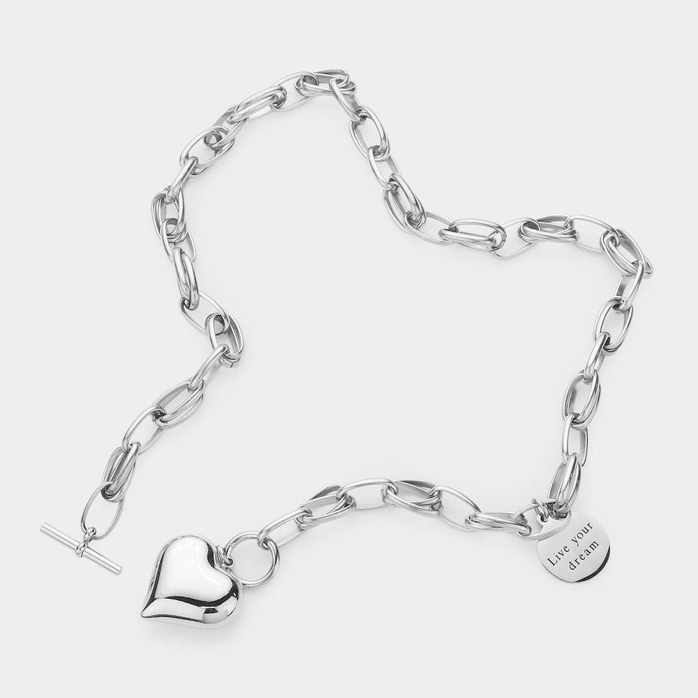 Metal Heart Pendant Live Your Dream Message Charm Chain Toggle Necklace - Jewelry Store by Erik Rayo
