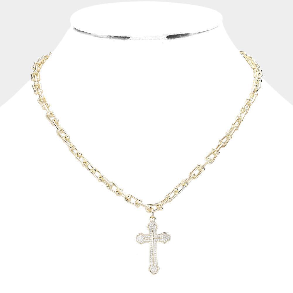 Gold CZ Stone Paved Cross Pendant Necklace - Jewelry Store by Erik Rayo