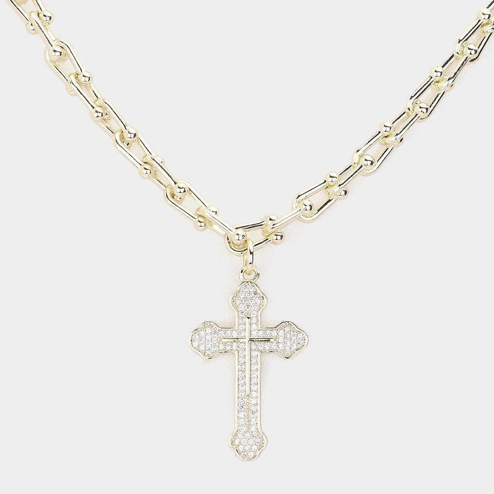 Gold CZ Stone Paved Cross Pendant Necklace