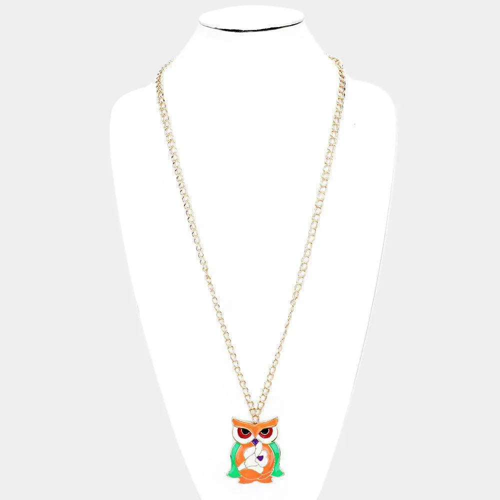 Orange Enamel Owl Pendant Long necklace - Jewelry Store by Erik Rayo