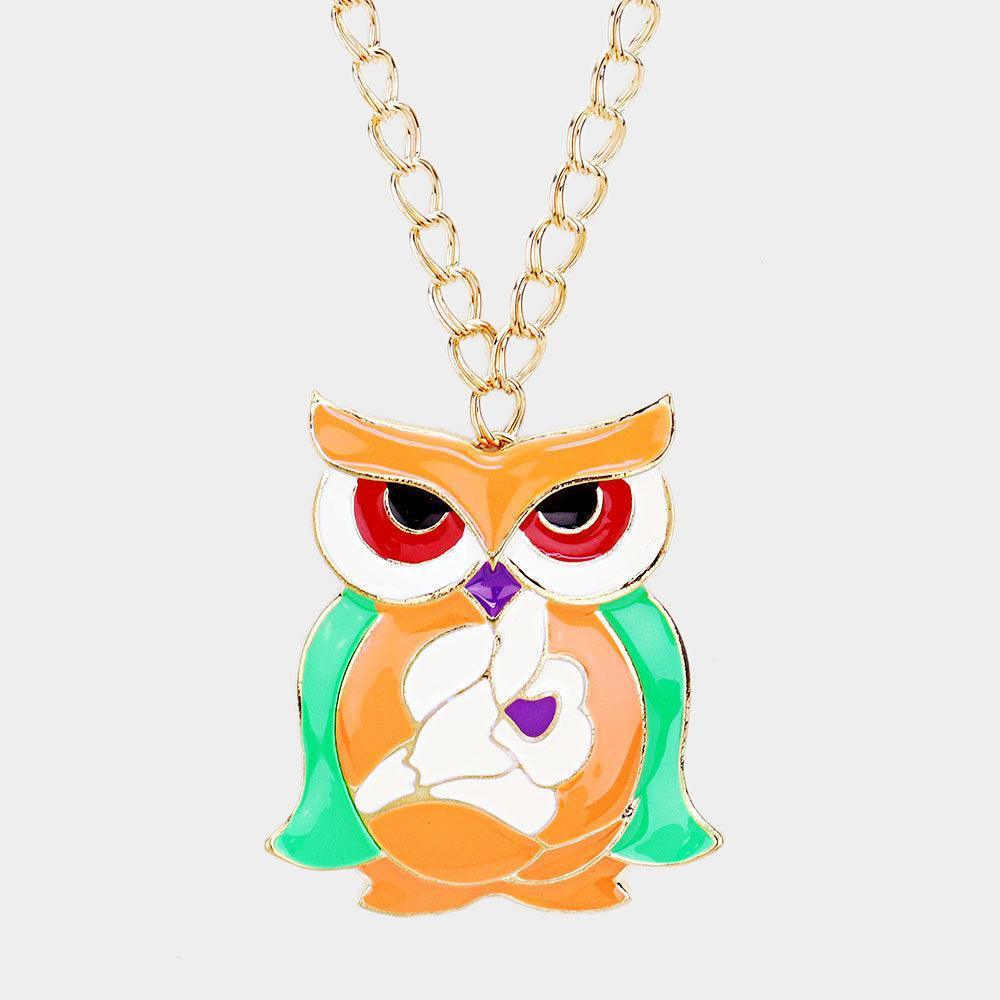 Orange Enamel Owl Pendant Long necklace - Jewelry Store by Erik Rayo