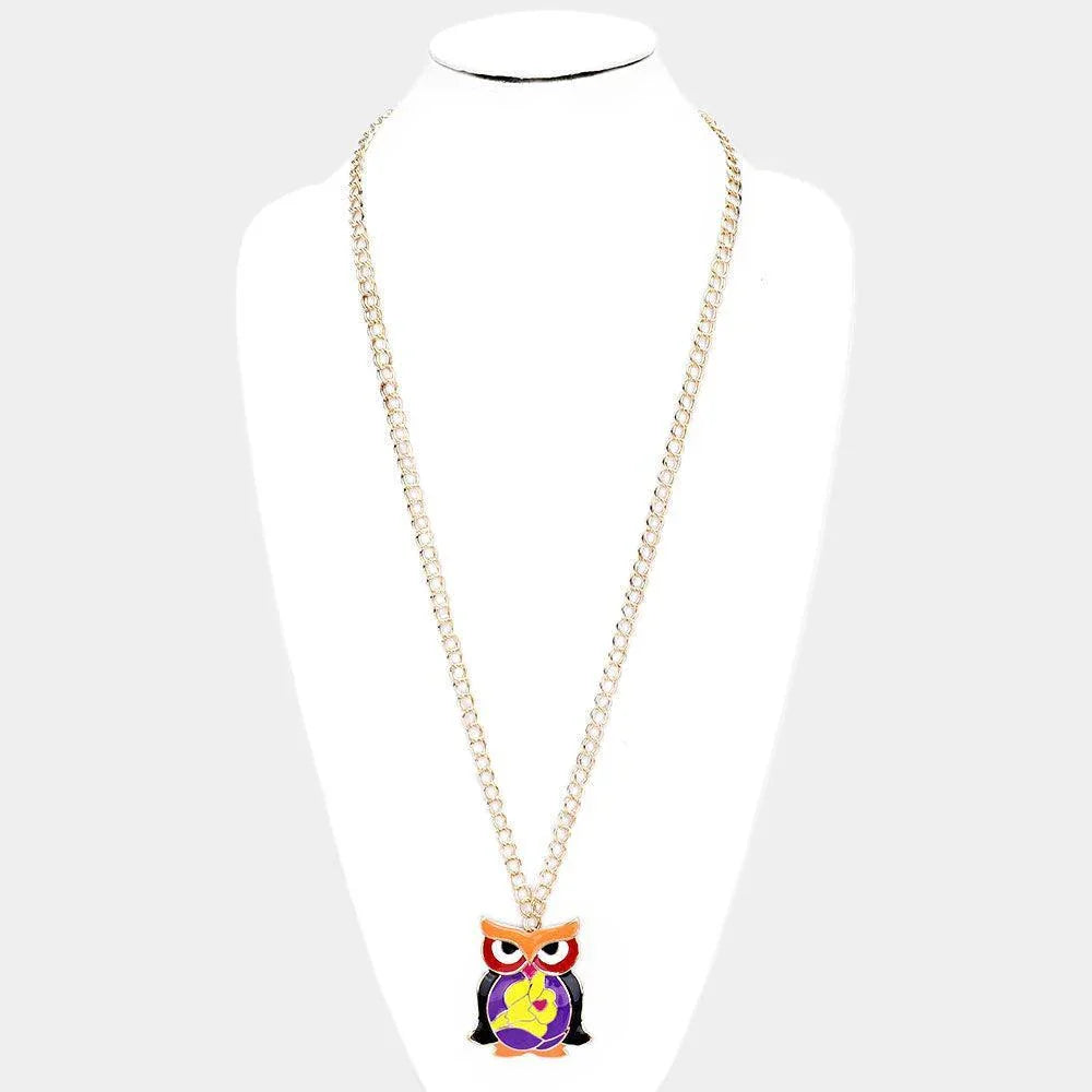 Yellow Enamel Owl Pendant Long Necklace - Jewelry Store by Erik Rayo