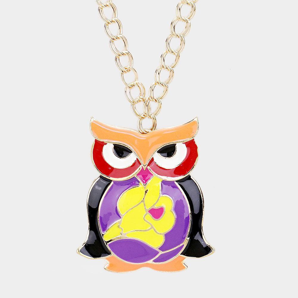 Yellow Enamel Owl Pendant Long Necklace - Jewelry Store by Erik Rayo