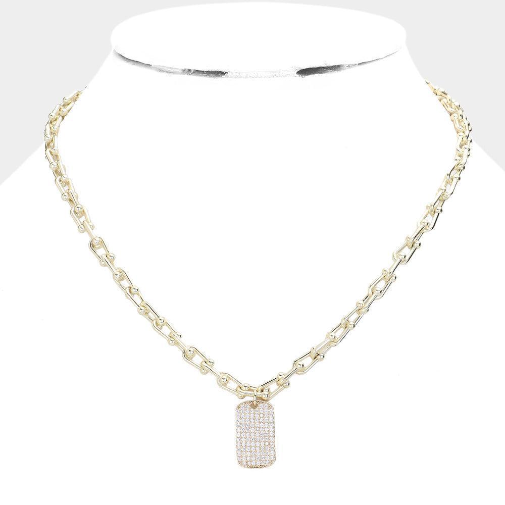 Gold CZ Stone Paved Dog Tag Pendant Necklace - Jewelry Store by Erik Rayo