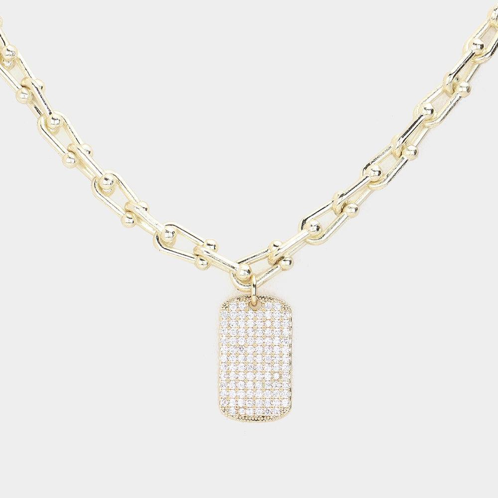 Gold CZ Stone Paved Dog Tag Pendant Necklace - Jewelry Store by Erik Rayo
