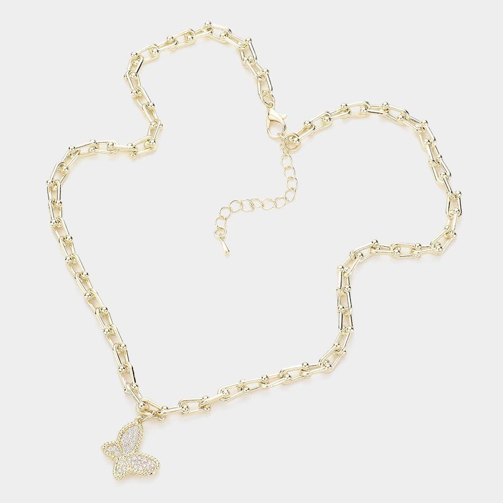 Gold CZ Stone Paved Butterfly Pendant Necklace - Jewelry Store by Erik Rayo