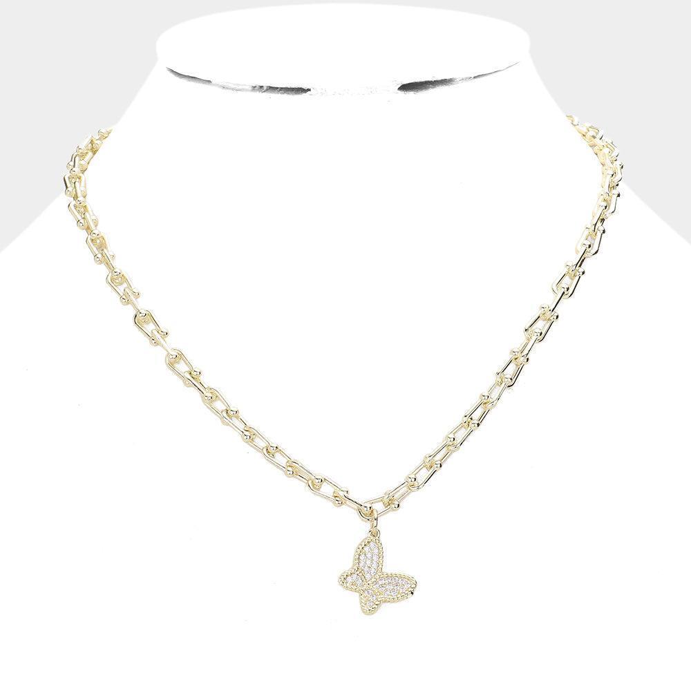 Gold CZ Stone Paved Butterfly Pendant Necklace - Jewelry Store by Erik Rayo