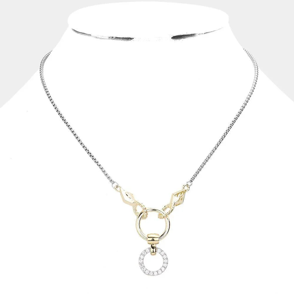 Gold 14K Gold Plated Two Tone CZ Stone Paved Open Circle Pendant Necklace - Jewelry Store by Erik Rayo