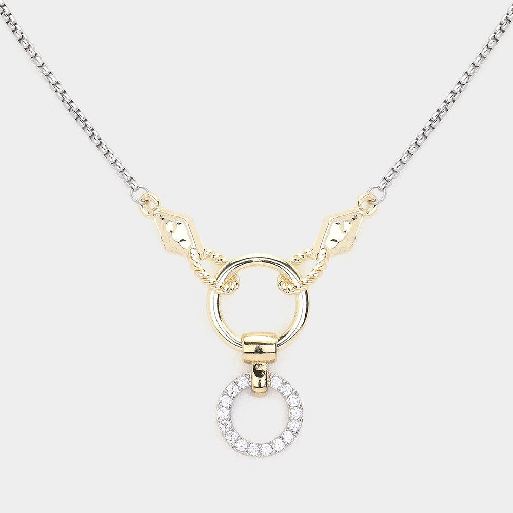 Gold 14K Gold Plated Two Tone CZ Stone Paved Open Circle Pendant Necklace