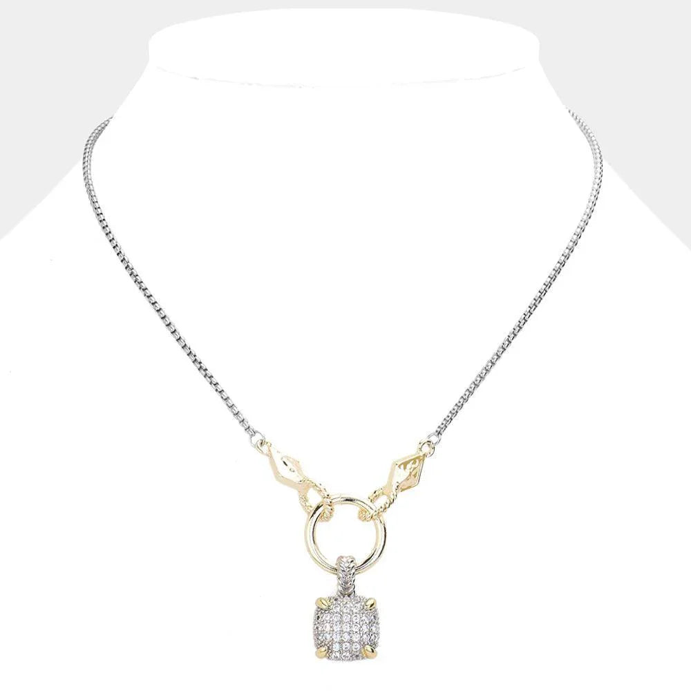 Gold 14K Gold Plated Two Tone CZ Stone Paved Square Pendant Necklace - Jewelry Store by Erik Rayo