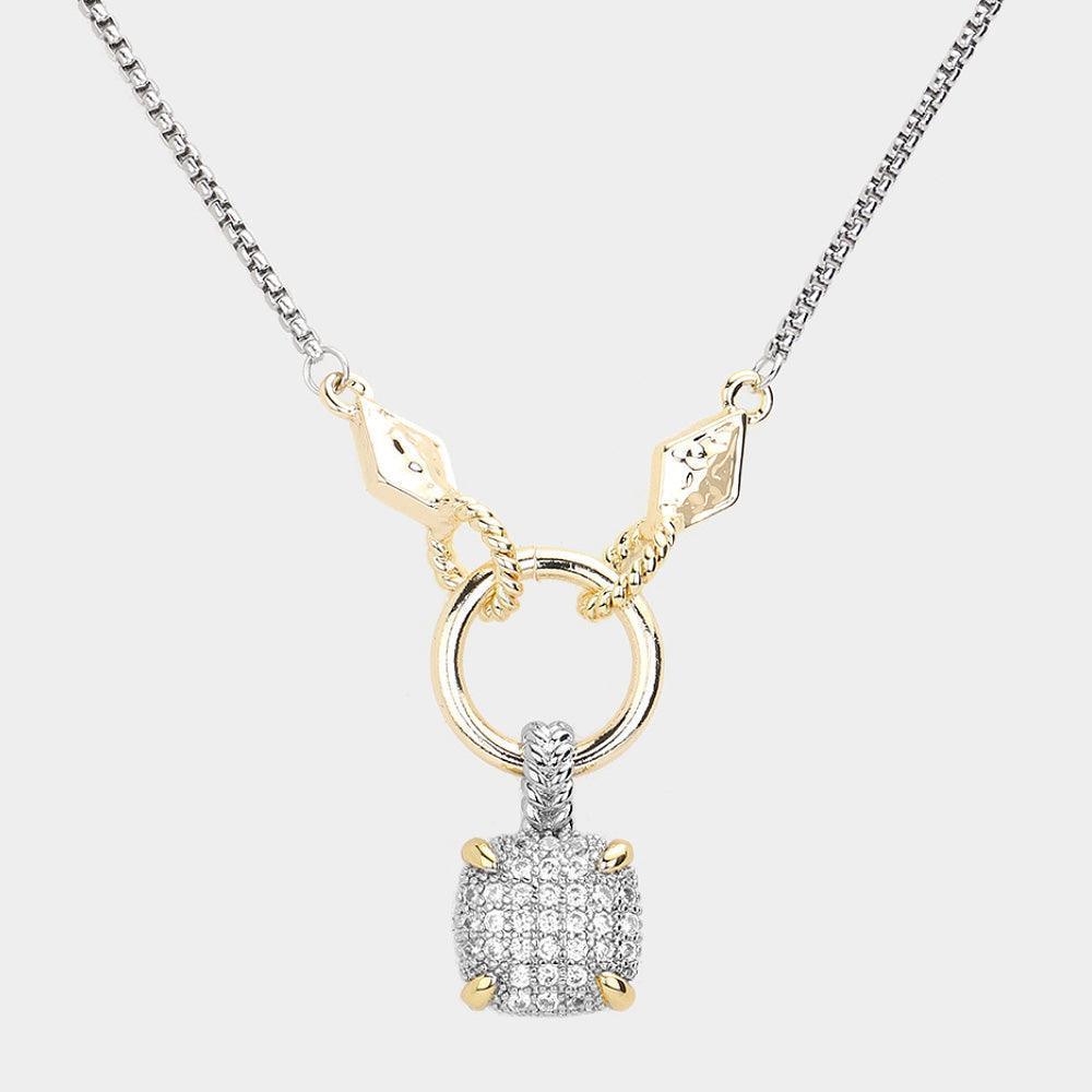Gold 14K Gold Plated Two Tone CZ Stone Paved Square Pendant Necklace - Jewelry Store by Erik Rayo