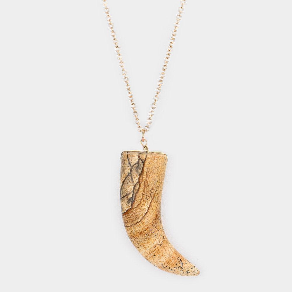 Brown Natural Stone Horn Pendant Long Necklace
