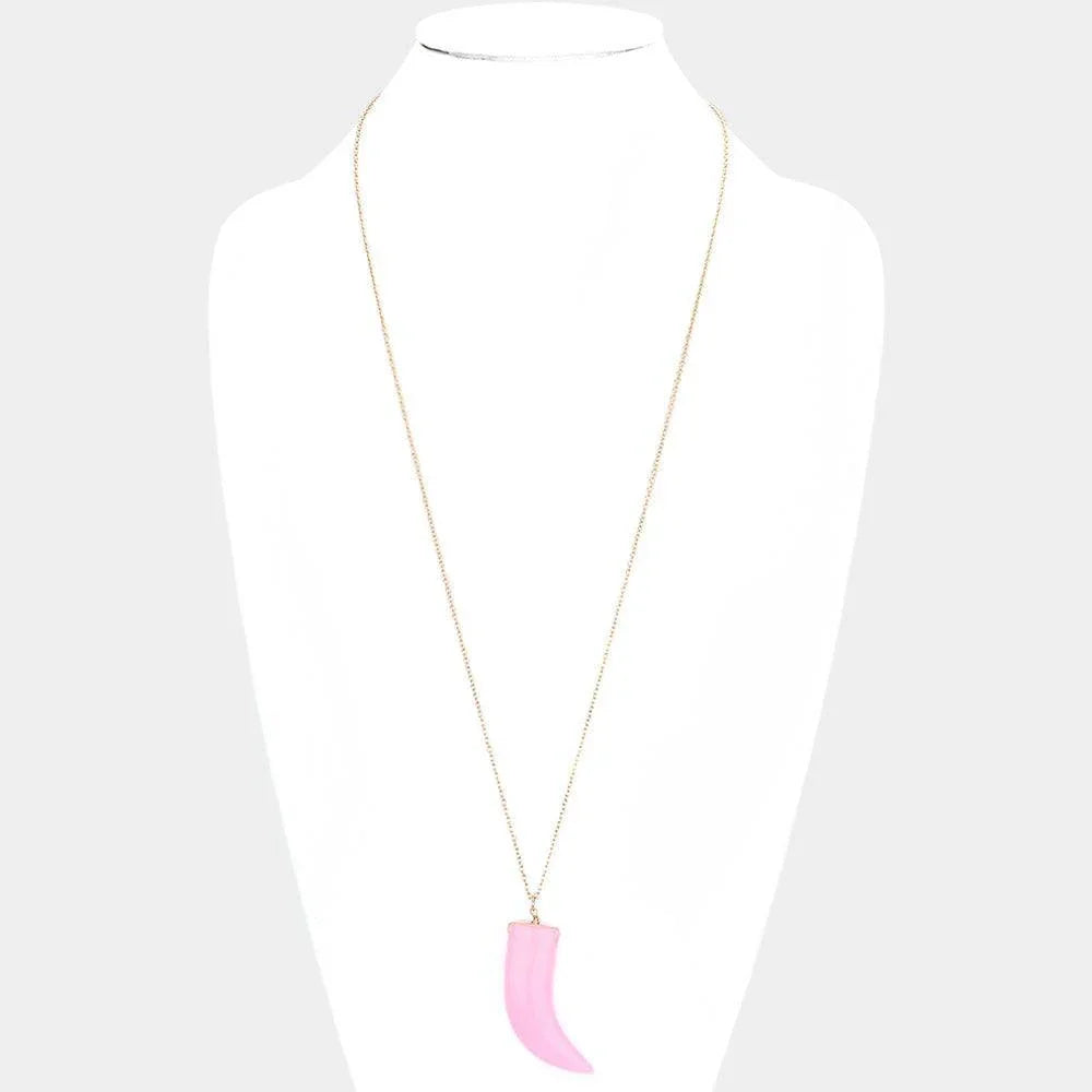 Pink Natural Stone Horn Pendant Long Necklace - Jewelry Store by Erik Rayo