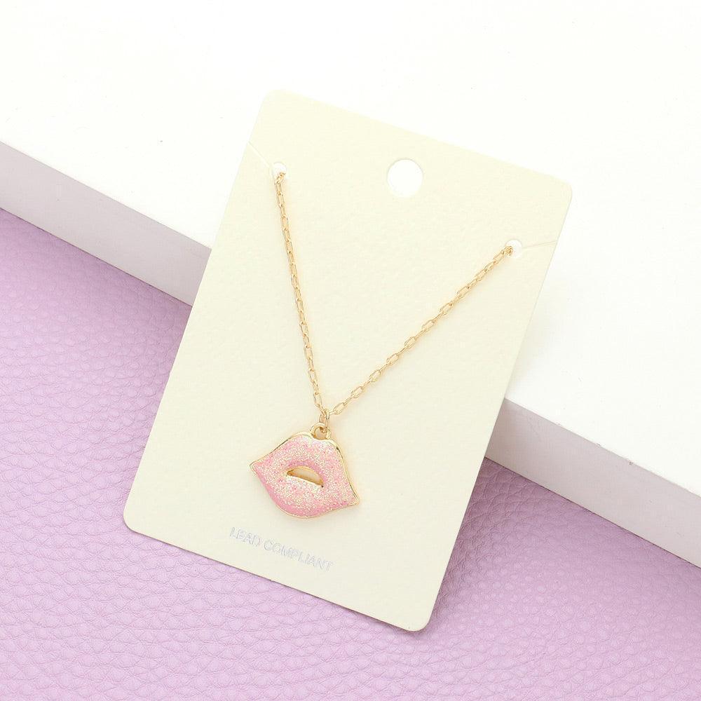 Pink Glittered Lips Pendant Necklace - Jewelry Store by Erik Rayo